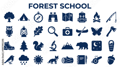 Forest School Icons Set Outdoor Education Nature Adventure Activities Camping Hiking Wildlife Exploration and Survival Skills Symbols Collection