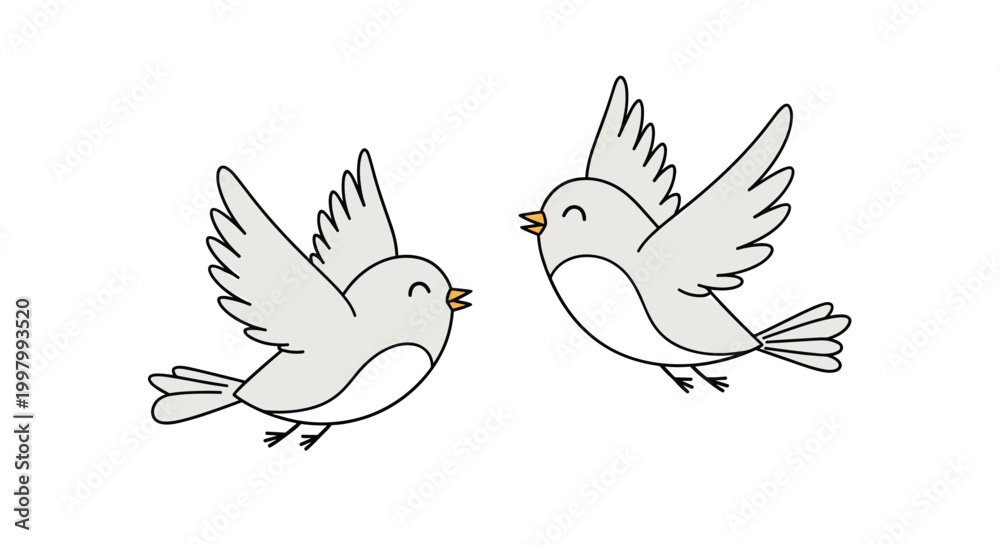 Fototapeta premium Two cute small grey birds flying together with happy expressions against a clean white background in a simple and clean cartoon style.