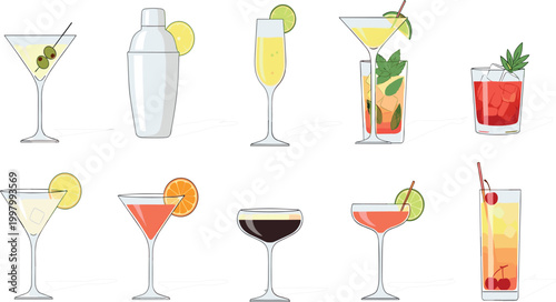 Elegant Cocktail and Beverage Glass Set with Martini, Mojito, Champagne, and Juice Drinks for Bar Menu Design, Party Invitations, and Refreshment Illustrations