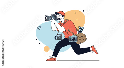 Professional photographer in a red cap running with multiple cameras and lenses, depicted in a vibrant and dynamic vector illustration style.