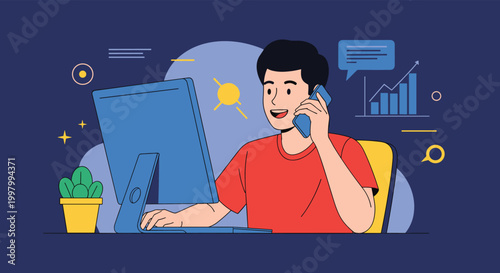 Young man working at his desk on a computer while talking on a smartphone, representing the busy lifestyle of a modern multitasking professional.
