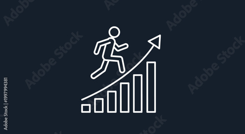 A stick figure runs upwards along a line graph representing growth and success high quality