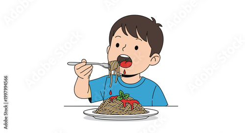 Enthusiastic young boy in a blue shirt eating a large plate of spaghetti with tomato sauce and a basil leaf, depicted in a colorful cartoon.