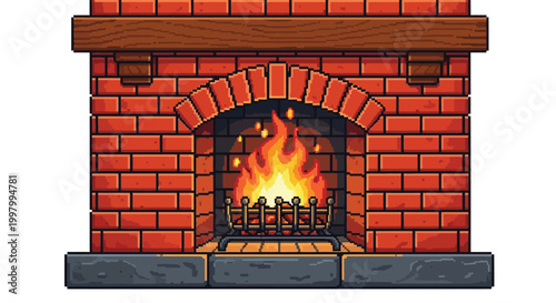 A pixel art depiction of a classic brick fireplace with a warm glowing fire inside