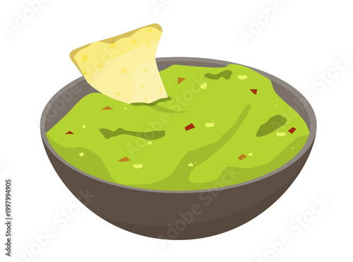 Traditional mexican avocado dip guacamole with tomato pieces and crispy tortilla chip. Flat vector illustration of healthy snack isolated on white background.