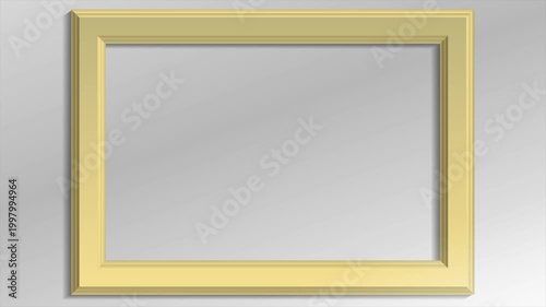 Zoom out from horizontal golden empty picture frame on gray wall with shadows. Video animation Ultra HD 4K 3840x2160