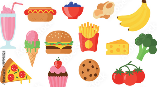 Fast Food and Healthy Food Vector Illustration Set Featuring Burger, Fries, Pizza, Ice Cream, Milkshake, Fruits, Vegetables, and Snack Icons Collection