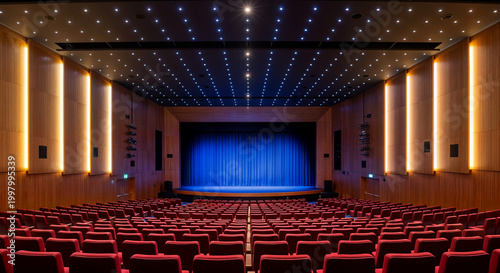 empty movie theater with red seats and blue stage