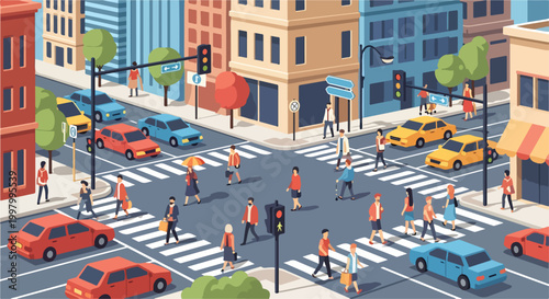 Quadro su tela A busy city street with people crossing and cars driving