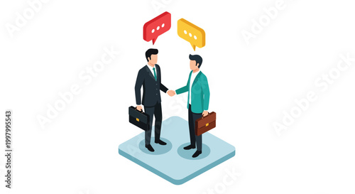 Two businessmen in suits shake hands over a platform symbolizing a partnership or agreement