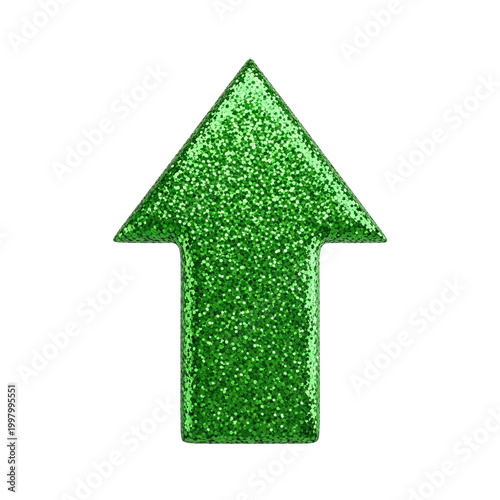 Sparkling green upward arrow with a glittery texture