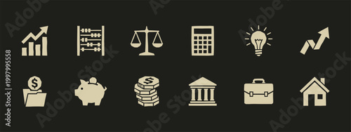 Minimalist Hand Drawn Financial Business Icon Set with Bank Piggy Bank Growth Chart and Coins