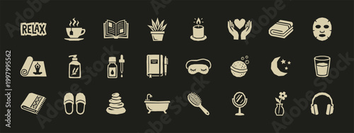 Minimalist self care and spa icons for relaxation wellness and mental health routine