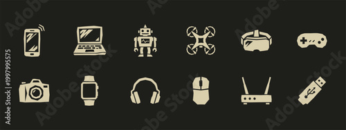 Collection of technology and electronic gadget icons including laptop drone smartphone and virtual reality headset