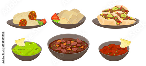 Professional collection of mexican dishes featuring tacos burrito bean soup and dips. Flat vector illustration of authentic latin american meal for restaurant menu or cafe.