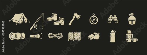 Camping and outdoor survival equipment icons set including tent compass hiking boots and fishing rod