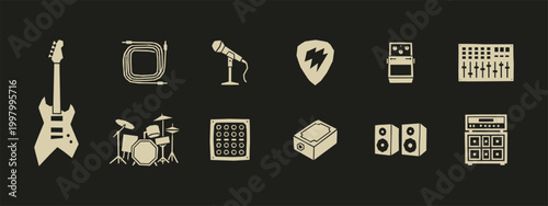 Musical gear icons set with electric guitar drums microphone and speakers on dark backdrop