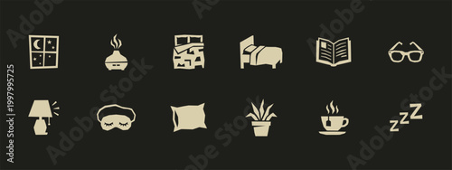 Minimalist Bedtime Routine Icon Set with Sleep Mask Bed Pillow Lamp and Essential Oil Diffuser