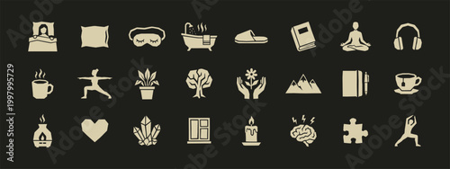 Wellness and self-care icon set for mental health morning routine and relaxation activities