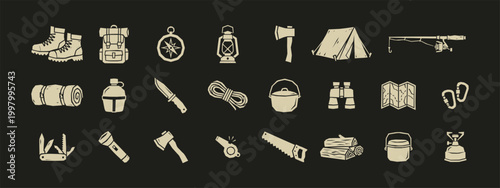 Vintage Camping and Hiking Equipment Icon Set for Outdoor Adventure and Survival