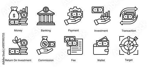 Investment and banking icon set with line icons for money,payment,transaction,ROI,and financial targets.Perfect for fintech,banking apps,and financial services.