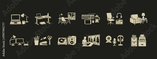 Minimalist home office icon set featuring desks computers chairs and workspace equipment
