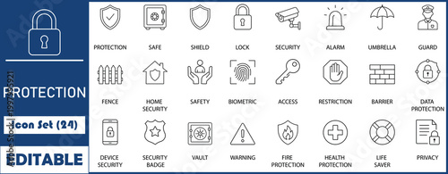 Protection icon set. Containing safe, shield, lock, security, alarm, umbrella, guard, fence and more. Solid vector icons collection.