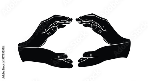A striking black and white illustration depicts two hands forming a protective encompassing shape