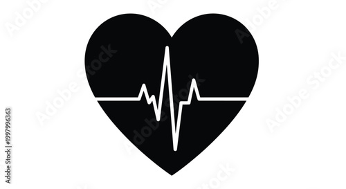 A black heart shape is formed with a white electrocardiogram line representing a heartbeat within