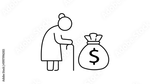 Pension Fund Concept: A minimalist black line vector icon of an elderly person with a cane next to a large money bag with a dollar sign, featuring an editable stroke for custom line weight.