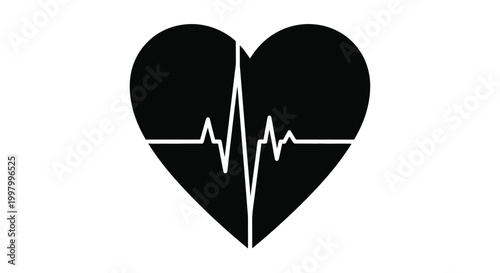 A black heart shape is fractured revealing a white electrocardiogram line symbolizing a heartbeat