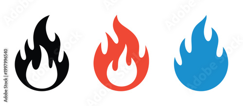 Flame icon, three color fire symbols, heat energy elements, vibrant burning graphics, temperature concept, abstract vector illustration