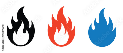 Flame icon, three colorful fire symbols, heat energy graphics, vibrant burning shapes, abstract temperature concept, vector illustration