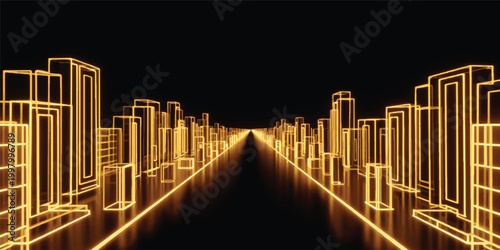 A high-angle 3d vector illustration showcasing the Golden Gate Bridge at night against a glowing urban cityscape featuring a silhouette of downtown skyscrapers and business towers under a dark sky