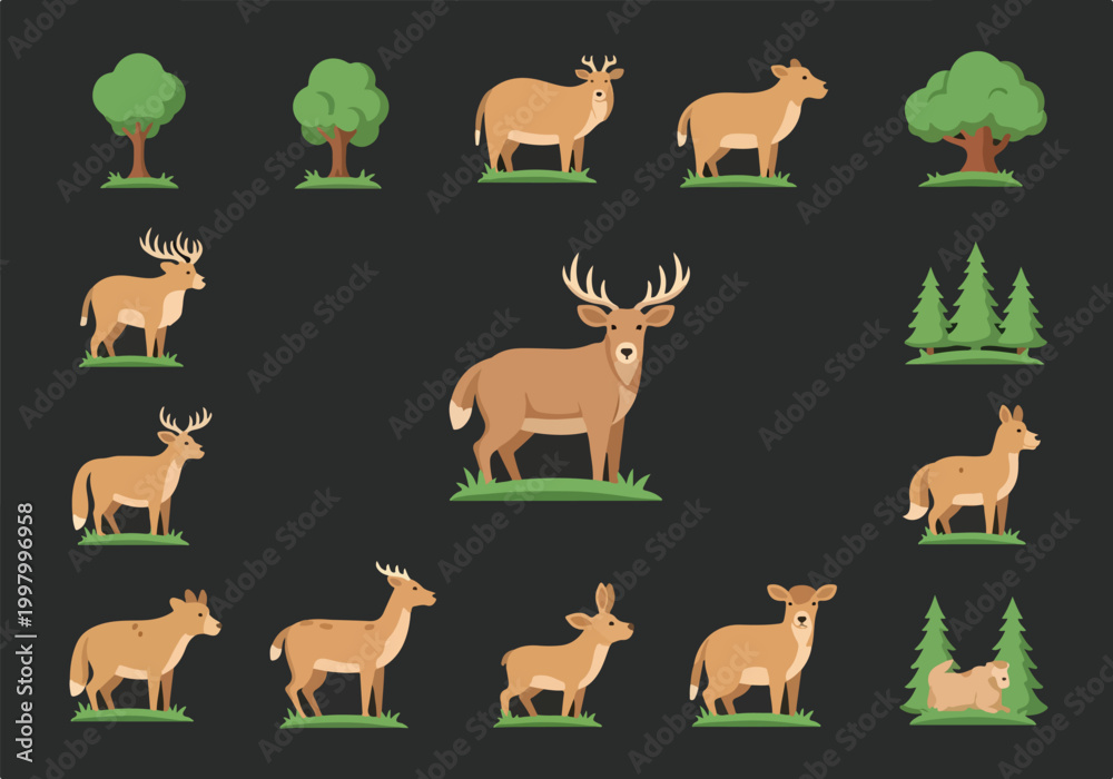 Fototapeta premium A digital illustration of various deer and trees on grass