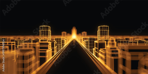 An evening cityscape highlights a stunning night view of the urban bridge over the river with glowing architecture and traffic lights reflecting on the water below the downtown skyline