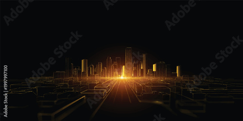 Abstract technology background with glowing blue lines integrated into a vector cityscape illustration featuring urban skyscrapers and a business architecture night sky