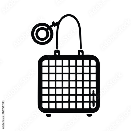 A stylish woven shoulder bag with a circular handle and small wheels at the base Vector