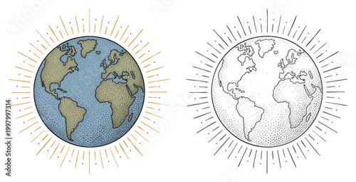 Retro hand drawn Earth planet vector in vintage engraving line art style