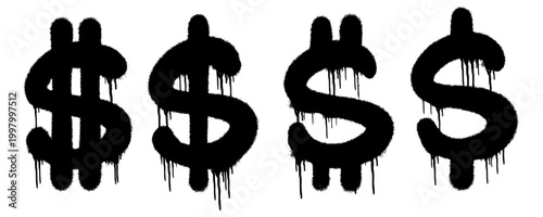A heavy-duty collection of four black dollar signs with various dripping paint effects. These urban hand style graffiti tag icons provide a gritty and consistent look for street designs.