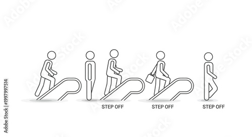 Fotografie A simple line drawing illustrates people riding and disembarking from an escalat