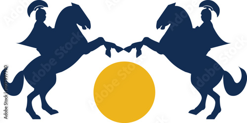 Symmetrical Equestrian Knights Two Rearing Horses and Sun Silhouette.