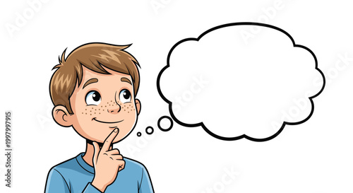 Young boy with freckles looking upwards thoughtfully with a large blank thought bubble above his head for creative ideas.
