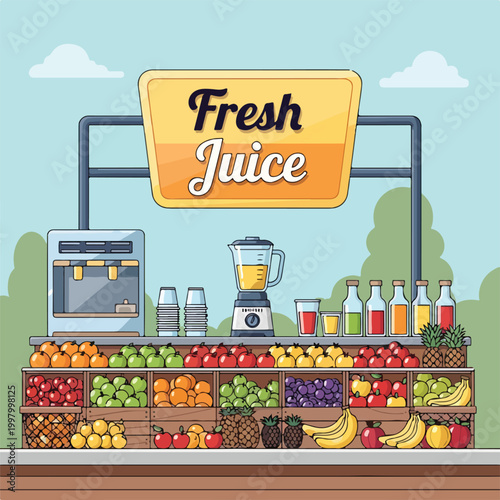 Billede på lærred A colorful cartoon fruit stand with a fresh juice sign