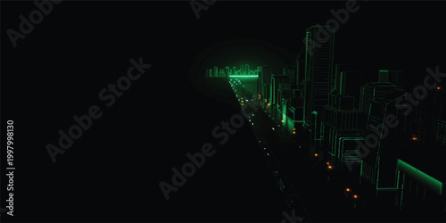 Abstract digital green equalizer background featuring futuristic light waves and business data charts for a professional technology wallpaper design