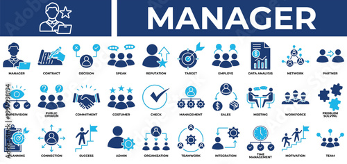 Manager icon set collection. Containing commitment, organization, partner, sales, speak, inspection, communicate .Solid vector icons collection