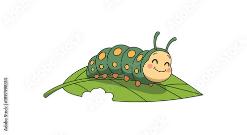 Smiling green caterpillar with orange spots rests on a partially eaten green leaf against a plain white background.