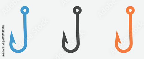 Hook icon, meat fish angling symbols, various fishing hook shapes, industrial butcher tools, outline silhouette styles, vector illustration