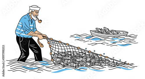 Experienced fisherman with a beard and pipe pulls a heavy net filled with fish from the sea while a boat waits nearby.
