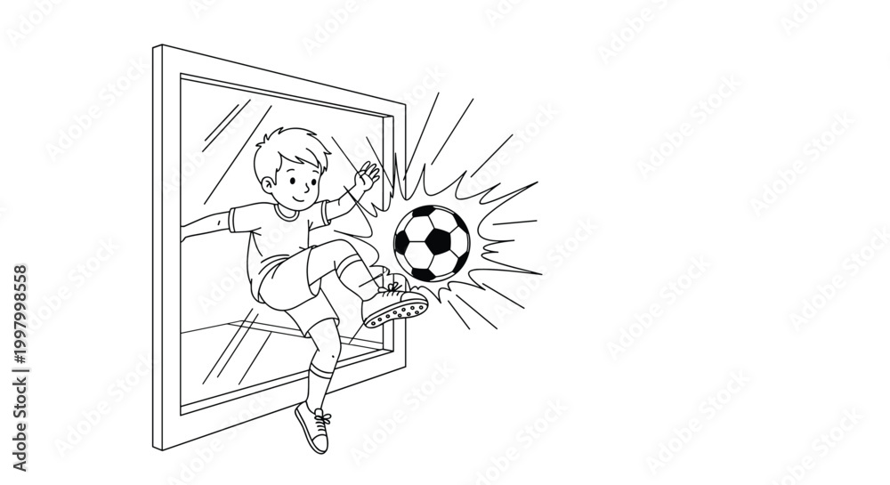 Fototapeta premium Mischievous boy accidentally kicks a soccer ball through a glass window pane causing it to shatter in this action-filled line art scene.